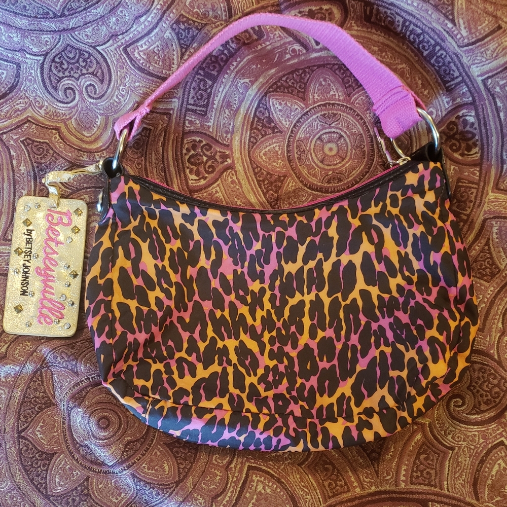 Betseyville by Betsey Johnson orange pink leopard print hobo purse shoulder bag - Picture 2 of 5
